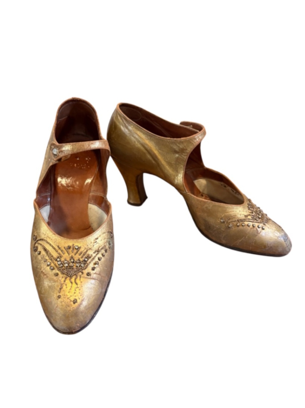 TRUE VINTAGE➕RARE 1920’S Gold Leather Flapper Shoes Beaded Curved Louis Heels